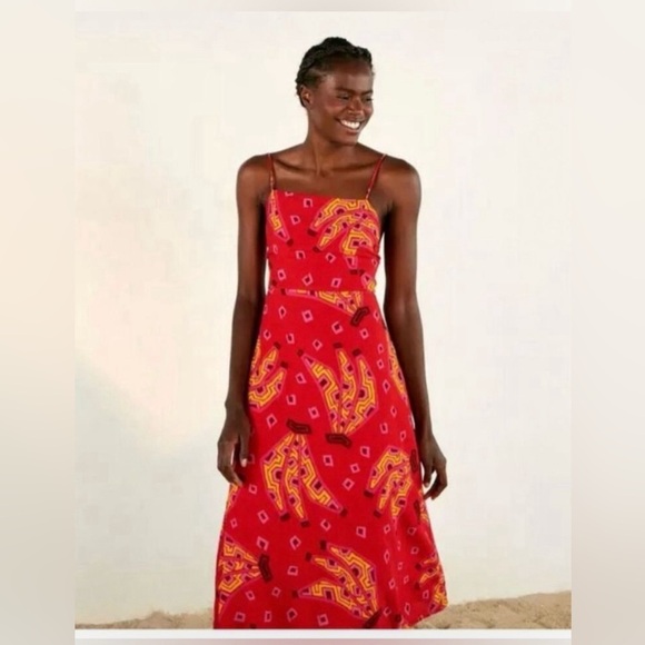 House Of Harlow 1960 Red Tiki Banana Print Sleeveless Beaded Midi Dress Size S - Picture 2 of 10